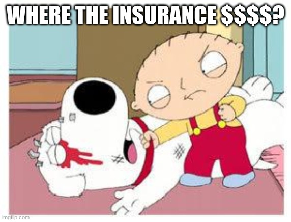 Stewie Where's My Money | WHERE THE INSURANCE $$$$? | image tagged in stewie where's my money | made w/ Imgflip meme maker