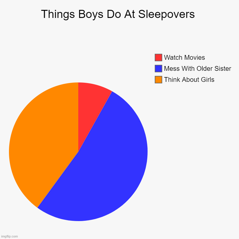 Things Boys Do At Sleepovers | Think About Girls, Mess With Older Sister, Watch Movies | image tagged in charts,pie charts | made w/ Imgflip chart maker