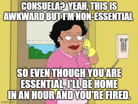 Consuela Meme | CONSUELA?  YEAH, THIS IS AWKWARD BUT I'M NON-ESSENTIAL; SO EVEN THOUGH YOU ARE ESSENTIAL, I'LL BE HOME IN AN HOUR AND YOU'RE FIRED. | image tagged in memes,consuela | made w/ Imgflip meme maker