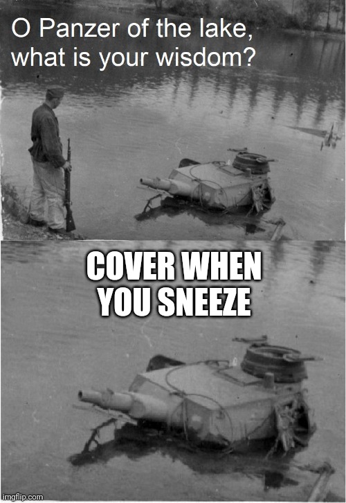 o panzer of the lake |  COVER WHEN YOU SNEEZE | image tagged in o panzer of the lake,sneezing,memes,coronavirus,sneeze,manners | made w/ Imgflip meme maker