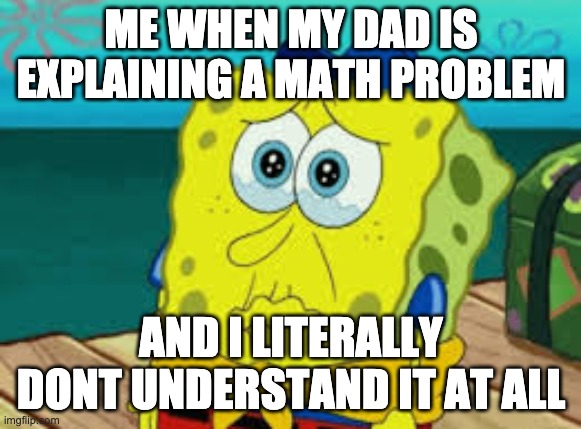 Spongebob cry | ME WHEN MY DAD IS EXPLAINING A MATH PROBLEM; AND I LITERALLY DONT UNDERSTAND IT AT ALL | image tagged in spongebob cry | made w/ Imgflip meme maker