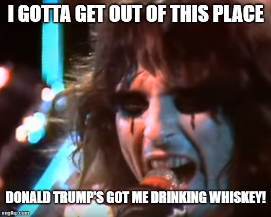Alice Cooper Donald Trump | I GOTTA GET OUT OF THIS PLACE; DONALD TRUMP'S GOT ME DRINKING WHISKEY! | image tagged in alice cooper 1972,donald trump | made w/ Imgflip meme maker