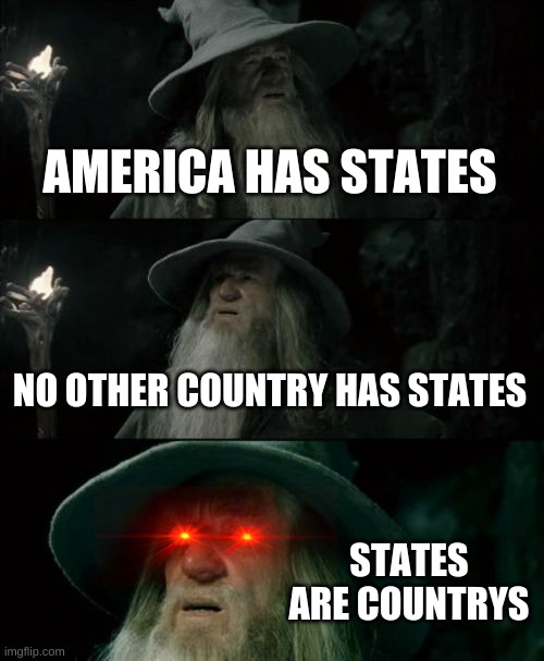 Confused Gandalf | AMERICA HAS STATES; NO OTHER COUNTRY HAS STATES; STATES ARE COUNTRYS | image tagged in memes,confused gandalf | made w/ Imgflip meme maker