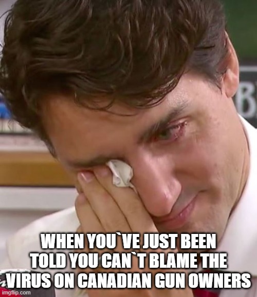 Justin Trudeau Crying | WHEN YOU`VE JUST BEEN TOLD YOU CAN`T BLAME THE VIRUS ON CANADIAN GUN OWNERS | image tagged in justin trudeau crying | made w/ Imgflip meme maker