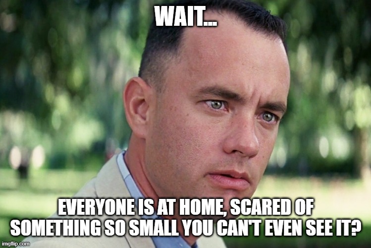 A Virus, You Say? Like the beer? | WAIT... EVERYONE IS AT HOME, SCARED OF SOMETHING SO SMALL YOU CAN'T EVEN SEE IT? | image tagged in memes,and just like that,coronavirus,covid19,stupidisstupiddoes,forest gump | made w/ Imgflip meme maker