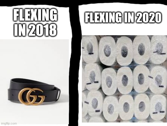 Flexing during quarantine | FLEXING IN 2018; FLEXING IN 2020 | image tagged in covid-19,toilet paper,gucci | made w/ Imgflip meme maker