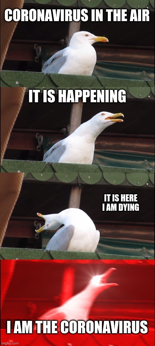 Inhaling Seagull Meme | CORONAVIRUS IN THE AIR; IT IS HAPPENING; IT IS HERE I AM DYING; I AM THE CORONAVIRUS | image tagged in memes,inhaling seagull | made w/ Imgflip meme maker