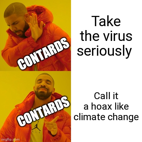 Drake Hotline Bling Meme | Take the virus seriously Call it a hoax like climate change CONTARDS CONTARDS | image tagged in memes,drake hotline bling | made w/ Imgflip meme maker