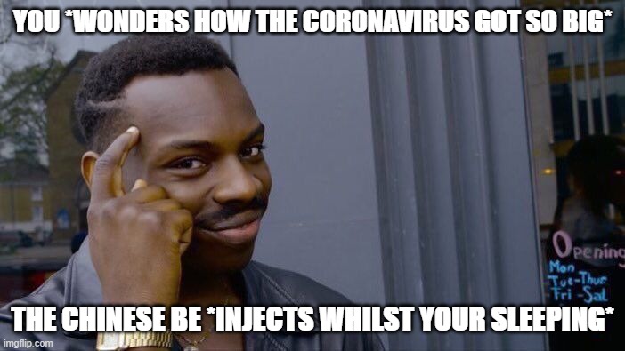 Roll Safe Think About It | YOU *WONDERS HOW THE CORONAVIRUS GOT SO BIG*; THE CHINESE BE *INJECTS WHILST YOUR SLEEPING* | image tagged in memes,roll safe think about it | made w/ Imgflip meme maker