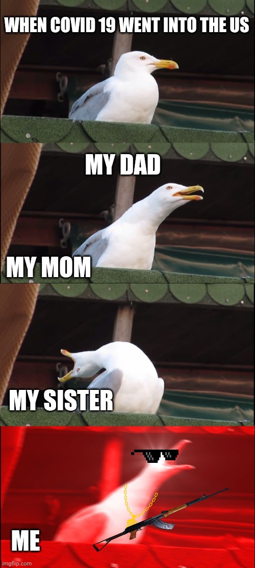 Inhaling Seagull Meme | WHEN COVID 19 WENT INTO THE US; MY DAD; MY MOM; MY SISTER; ME | image tagged in memes,inhaling seagull | made w/ Imgflip meme maker