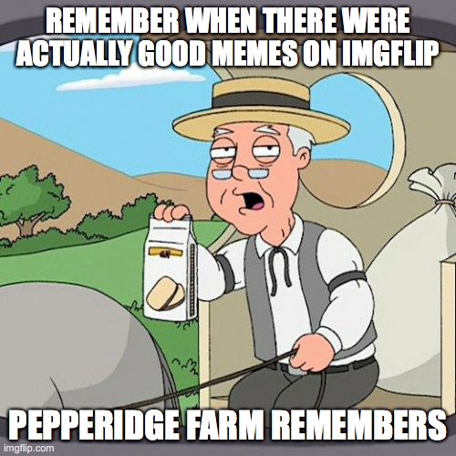 Pepperidge Farm Remembers | REMEMBER WHEN THERE WERE ACTUALLY GOOD MEMES ON IMGFLIP; PEPPERIDGE FARM REMEMBERS | image tagged in memes,pepperidge farm remembers | made w/ Imgflip meme maker