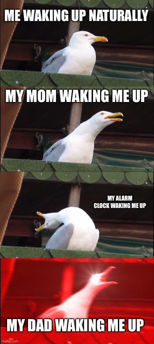 Inhaling Seagull | ME WAKING UP NATURALLY; MY MOM WAKING ME UP; MY ALARM CLOCK WAKING ME UP; MY DAD WAKING ME UP | image tagged in memes,inhaling seagull | made w/ Imgflip meme maker