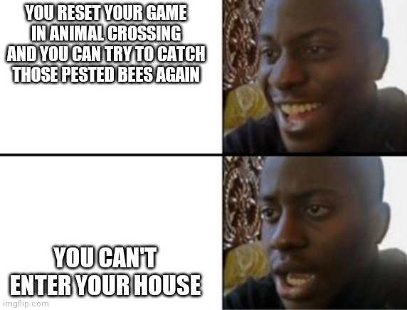 Oh yeah! Oh no... | YOU RESET YOUR GAME IN ANIMAL CROSSING AND YOU CAN TRY TO CATCH THOSE PESTED BEES AGAIN; YOU CAN'T ENTER YOUR HOUSE | image tagged in oh yeah oh no | made w/ Imgflip meme maker