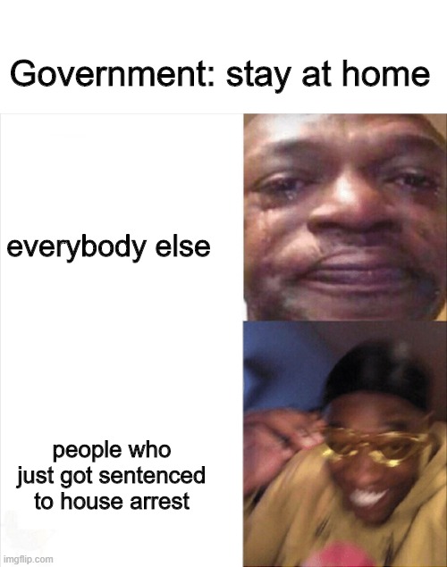 staying at home | Government: stay at home; everybody else; people who just got sentenced to house arrest | image tagged in sad happy,memes,covid-19,quarantine,coronavirus,stay home | made w/ Imgflip meme maker