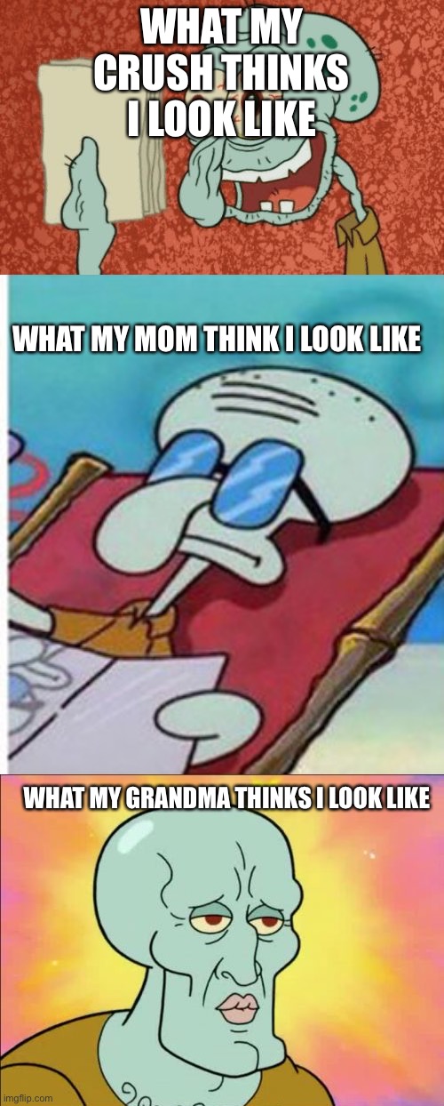 WHAT MY CRUSH THINKS I LOOK LIKE; WHAT MY MOM THINK I LOOK LIKE; WHAT MY GRANDMA THINKS I LOOK LIKE | image tagged in squidward don't care,exhausted squidward,handsome squidward | made w/ Imgflip meme maker