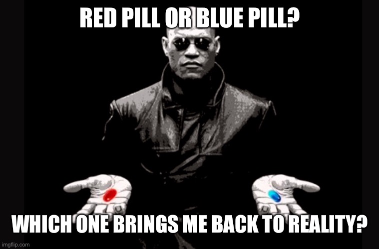 Red Pill or Blue Pill | RED PILL OR BLUE PILL? WHICH ONE BRINGS ME BACK TO REALITY? | image tagged in red pill or blue pill | made w/ Imgflip meme maker
