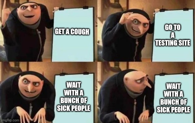 Gru's Plan Meme | GET A COUGH GO TO A TESTING SITE WAIT WITH A BUNCH OF SICK PEOPLE WAIT WITH A BUNCH OF SICK PEOPLE | image tagged in gru's plan | made w/ Imgflip meme maker