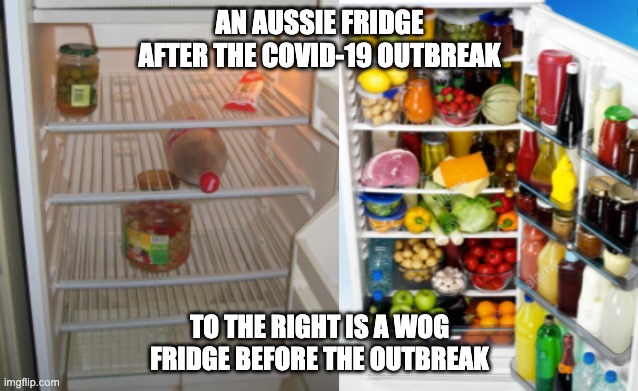 AN AUSSIE FRIDGE AFTER THE COVID-19 OUTBREAK; TO THE RIGHT IS A WOG FRIDGE BEFORE THE OUTBREAK | image tagged in covid-19,hoarding | made w/ Imgflip meme maker