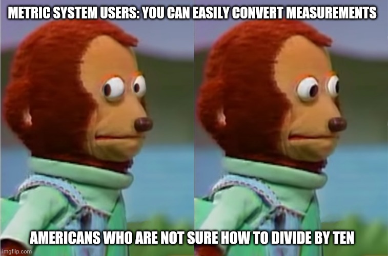 puppet Monkey looking away | METRIC SYSTEM USERS: YOU CAN EASILY CONVERT MEASUREMENTS; AMERICANS WHO ARE NOT SURE HOW TO DIVIDE BY TEN | image tagged in puppet monkey looking away | made w/ Imgflip meme maker