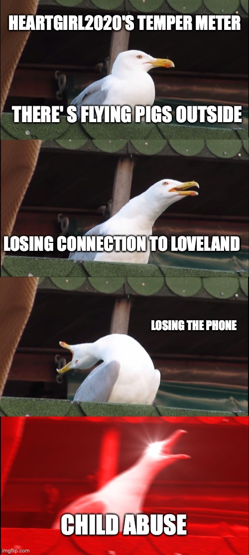 Inhaling Seagull | HEARTGIRL2020'S TEMPER METER; THERE' S FLYING PIGS OUTSIDE; LOSING CONNECTION TO LOVELAND; LOSING THE PHONE; CHILD ABUSE | image tagged in memes,inhaling seagull | made w/ Imgflip meme maker