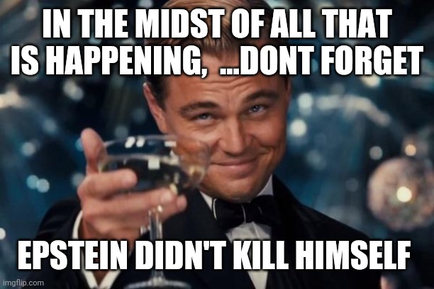 Leonardo Dicaprio Cheers | IN THE MIDST OF ALL THAT IS HAPPENING,  ...DONT FORGET; EPSTEIN DIDN'T KILL HIMSELF | image tagged in memes,leonardo dicaprio cheers | made w/ Imgflip meme maker