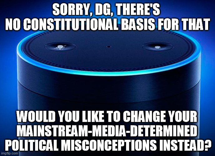 Alexa | SORRY, DG, THERE'S 
NO CONSTITUTIONAL BASIS FOR THAT WOULD YOU LIKE TO CHANGE YOUR 
MAINSTREAM-MEDIA-DETERMINED 
POLITICAL MISCONCEPTIONS IN | image tagged in alexa | made w/ Imgflip meme maker