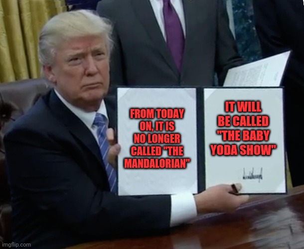 Trump Bill Signing | FROM TODAY ON, IT IS NO LONGER CALLED "THE MANDALORIAN"; IT WILL BE CALLED "THE BABY YODA SHOW" | image tagged in memes,trump bill signing | made w/ Imgflip meme maker