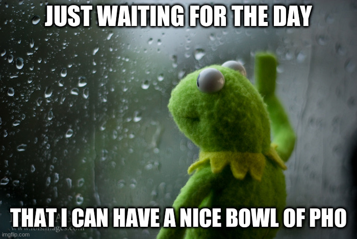 Kermit the frog rainy day | JUST WAITING FOR THE DAY; THAT I CAN HAVE A NICE BOWL OF PHO | image tagged in kermit the frog rainy day | made w/ Imgflip meme maker