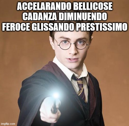 harry potter casting a spell | ACCELARANDO BELLICOSE CADANZA DIMINUENDO FEROCE GLISSANDO PRESTISSIMO | image tagged in harry potter casting a spell | made w/ Imgflip meme maker