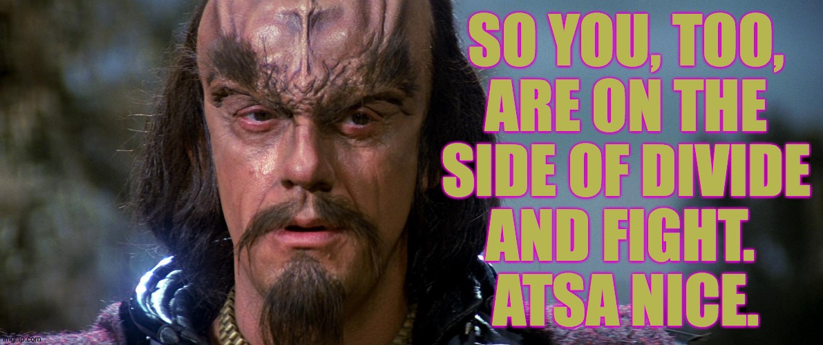 kruge klingon 01 | SO YOU, TOO,
ARE ON THE
SIDE OF DIVIDE
AND FIGHT. 
ATSA NICE. | image tagged in kruge klingon 01 | made w/ Imgflip meme maker