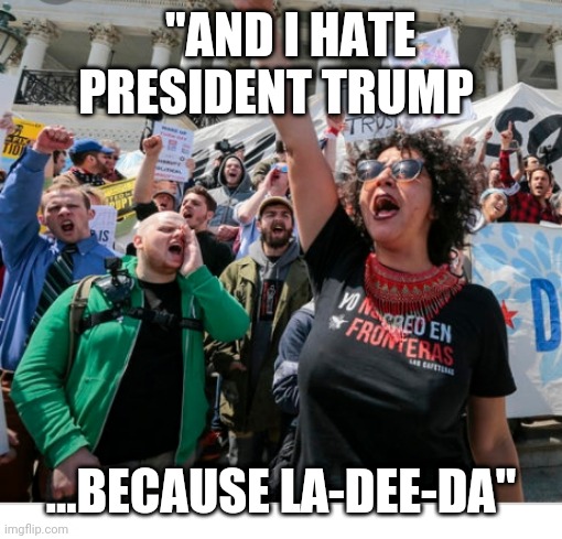 Democrap nitwits | "AND I HATE PRESIDENT TRUMP; ...BECAUSE LA-DEE-DA" | image tagged in crying democrats,suck,libtard,worst,deep state | made w/ Imgflip meme maker
