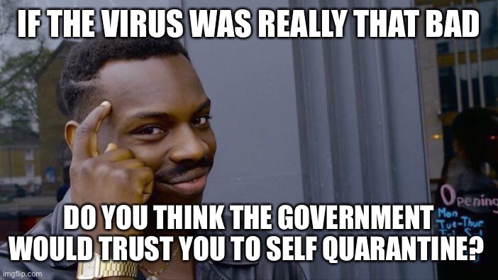 Roll Safe Think About It Meme | IF THE VIRUS WAS REALLY THAT BAD; DO YOU THINK THE GOVERNMENT WOULD TRUST YOU TO SELF QUARANTINE? | image tagged in memes,roll safe think about it | made w/ Imgflip meme maker