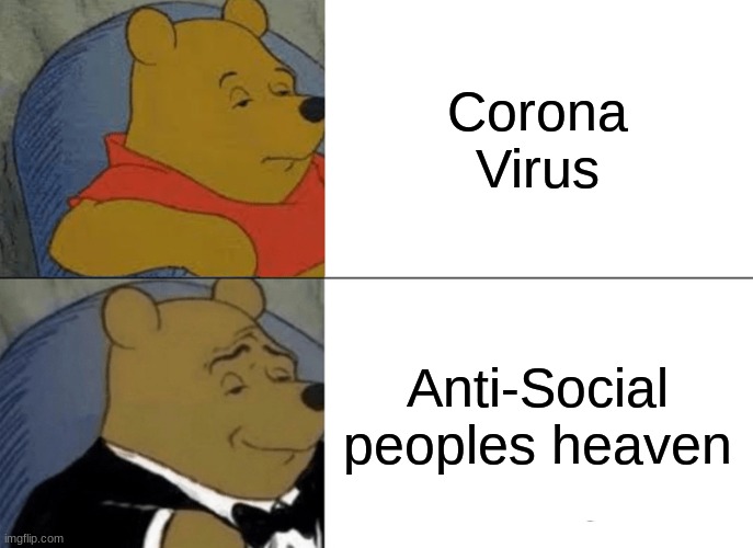 Tuxedo Winnie The Pooh | Corona Virus; Anti-Social peoples heaven | image tagged in memes,tuxedo winnie the pooh | made w/ Imgflip meme maker