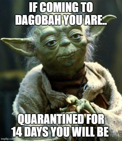 Star Wars Yoda Meme | IF COMING TO DAGOBAH YOU ARE.. QUARANTINED FOR 14 DAYS YOU WILL BE | image tagged in memes,star wars yoda | made w/ Imgflip meme maker