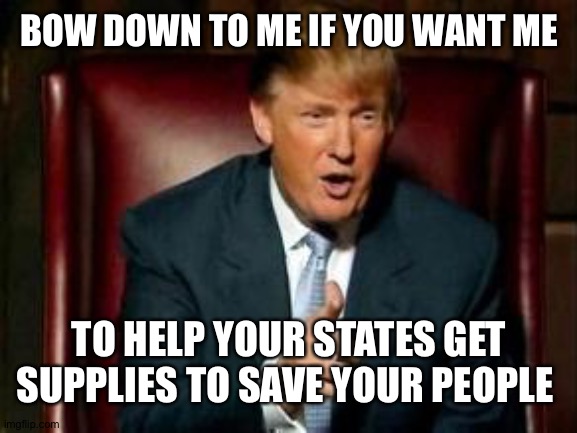 Donald Trump | BOW DOWN TO ME IF YOU WANT ME TO HELP YOUR STATES GET SUPPLIES TO SAVE YOUR PEOPLE | image tagged in donald trump | made w/ Imgflip meme maker
