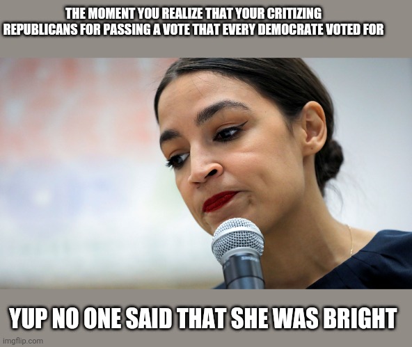 Ocrasio | THE MOMENT YOU REALIZE THAT YOUR CRITIZING REPUBLICANS FOR PASSING A VOTE THAT EVERY DEMOCRATE VOTED FOR; YUP NO ONE SAID THAT SHE WAS BRIGHT | image tagged in dumb ass | made w/ Imgflip meme maker
