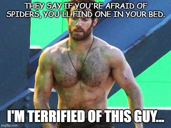 Henry Cavill | THEY SAY IF YOU'RE AFRAID OF SPIDERS, YOU'LL FIND ONE IN YOUR BED. I'M TERRIFIED OF THIS GUY... | image tagged in henry cavill | made w/ Imgflip meme maker