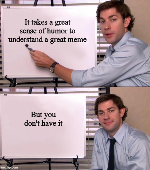Jim Halpert Explains | It takes a great sense of humor to understand a great meme; But you don't have it | image tagged in jim halpert explains | made w/ Imgflip meme maker