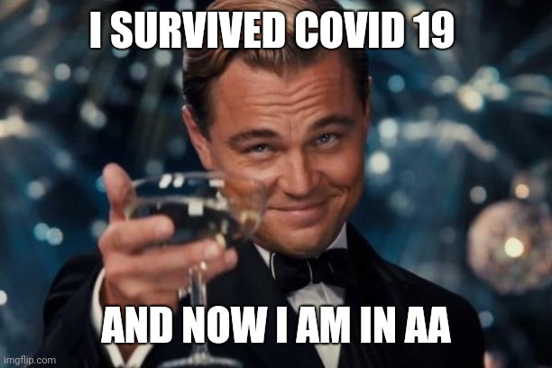 Leonardo Dicaprio Cheers Meme | I SURVIVED COVID 19; AND NOW I AM IN AA | image tagged in memes,leonardo dicaprio cheers | made w/ Imgflip meme maker