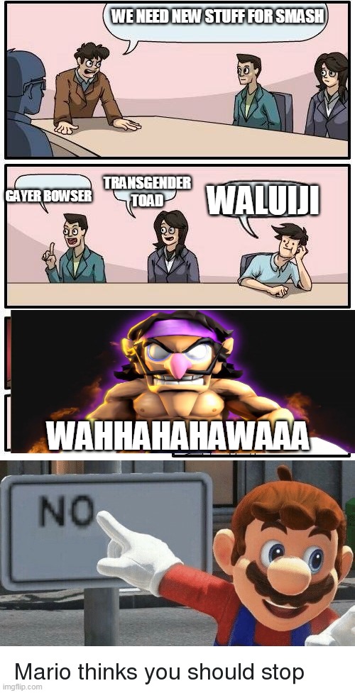 smg4 wario ark explained | WE NEED NEW STUFF FOR SMASH; GAYER BOWSER; TRANSGENDER TOAD; WALUIJI; WAHHAHAHAWAAA | image tagged in memes,boardroom meeting suggestion | made w/ Imgflip meme maker
