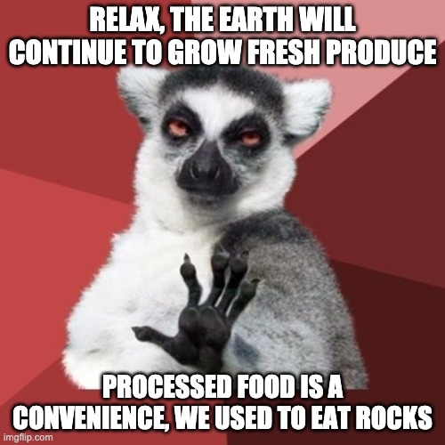 Chill Out Lemur | RELAX, THE EARTH WILL CONTINUE TO GROW FRESH PRODUCE; PROCESSED FOOD IS A CONVENIENCE, WE USED TO EAT ROCKS | image tagged in memes,chill out lemur | made w/ Imgflip meme maker