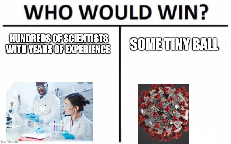 Who Would Win? | HUNDREDS OF SCIENTISTS WITH YEARS OF EXPERIENCE; SOME TINY BALL | image tagged in memes,who would win | made w/ Imgflip meme maker
