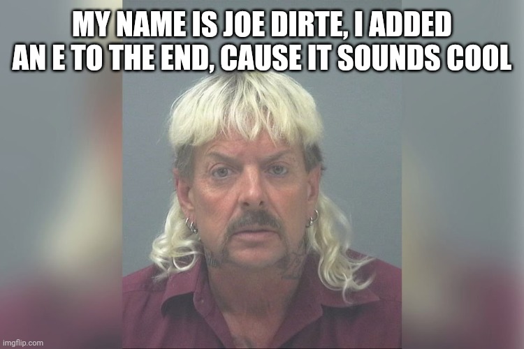 Joe Exotic | MY NAME IS JOE DIRTE, I ADDED AN E TO THE END, CAUSE IT SOUNDS COOL | image tagged in joe exotic | made w/ Imgflip meme maker