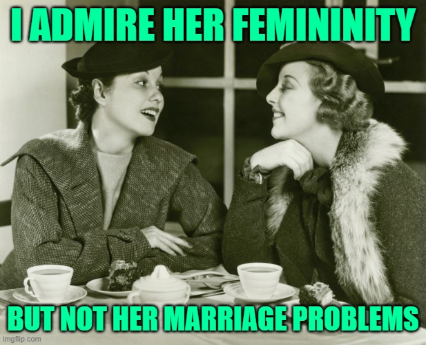 Sassy Feminine Gossip | I ADMIRE HER FEMININITY; BUT NOT HER MARRIAGE PROBLEMS | image tagged in vintage gossip,feminine,marriage,humor,sassy,lol so funny | made w/ Imgflip meme maker
