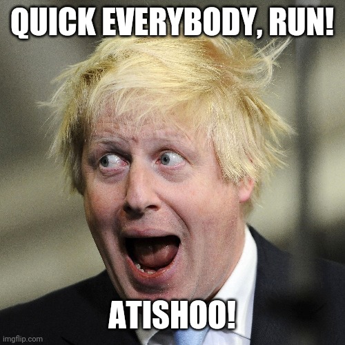 Boris Johnson | QUICK EVERYBODY, RUN! ATISHOO! | image tagged in boris johnson | made w/ Imgflip meme maker