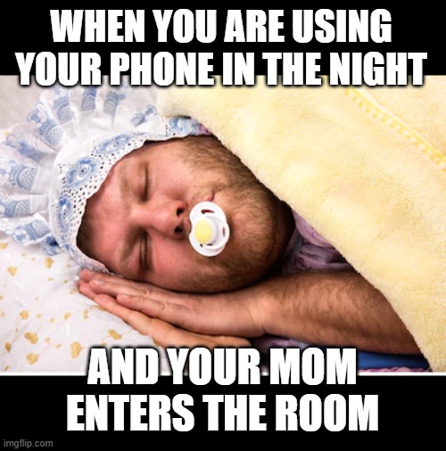 WHEN YOU ARE USING YOUR PHONE IN THE NIGHT; AND YOUR MOM ENTERS THE ROOM | image tagged in funny memes | made w/ Imgflip meme maker