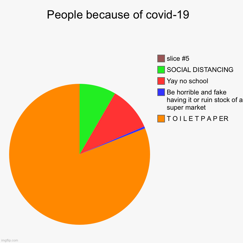 People because of covid-19  | T O I L E T P A P ER, Be horrible and fake having it or ruin stock of a super market , Yay no school, SOCIAL D | image tagged in charts,pie charts | made w/ Imgflip chart maker