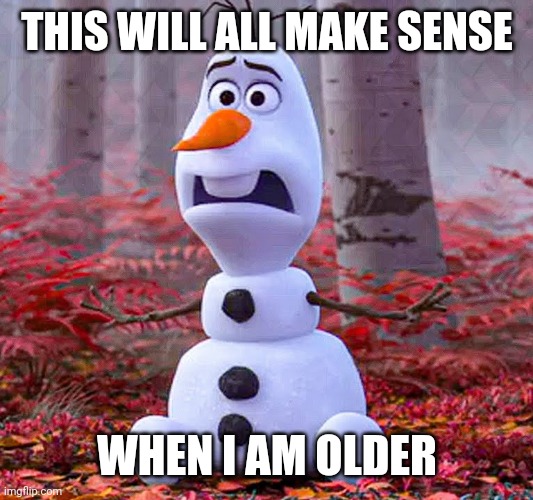 THIS WILL ALL MAKE SENSE; WHEN I AM OLDER | image tagged in olaf,frozen 2 | made w/ Imgflip meme maker