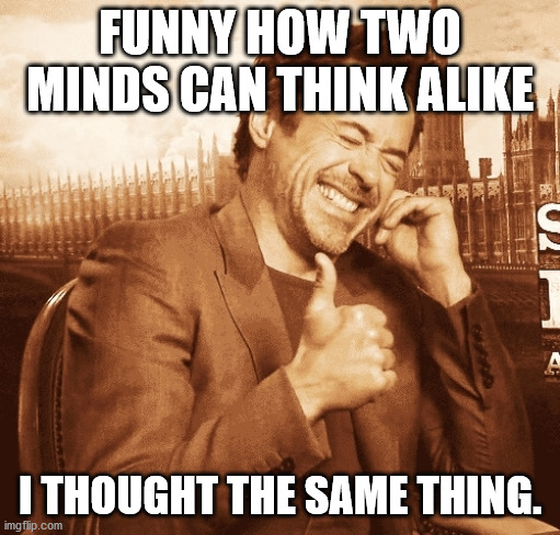 laughing | FUNNY HOW TWO MINDS CAN THINK ALIKE I THOUGHT THE SAME THING. | image tagged in laughing | made w/ Imgflip meme maker