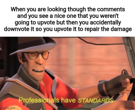 Professionals have standards | When you are looking though the comments and you see a nice one that you weren't going to upvote but then you accidentally downvote it so you upvote it to repair the damage | image tagged in professionals have standards | made w/ Imgflip meme maker